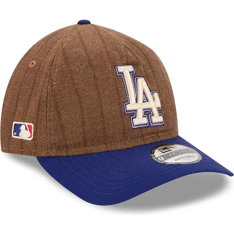 brun-og-bla-justerbar-kurvet-kasket-9twenty-a-frame-wool-pinstripe-fra-los-angeles-dodgers-mlb-fra-new-era