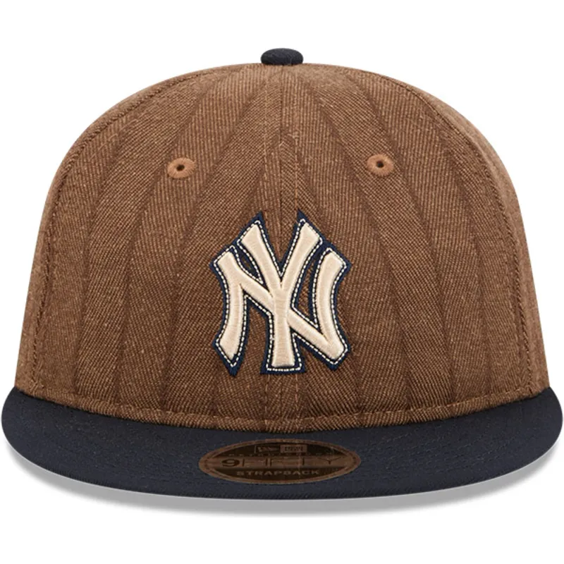 brun-og-marinebla-justerbar-flad-kasket-9fifty-retro-crown-wool-pinstripe-fra-new-york-yankees-mlb-fra-new-era