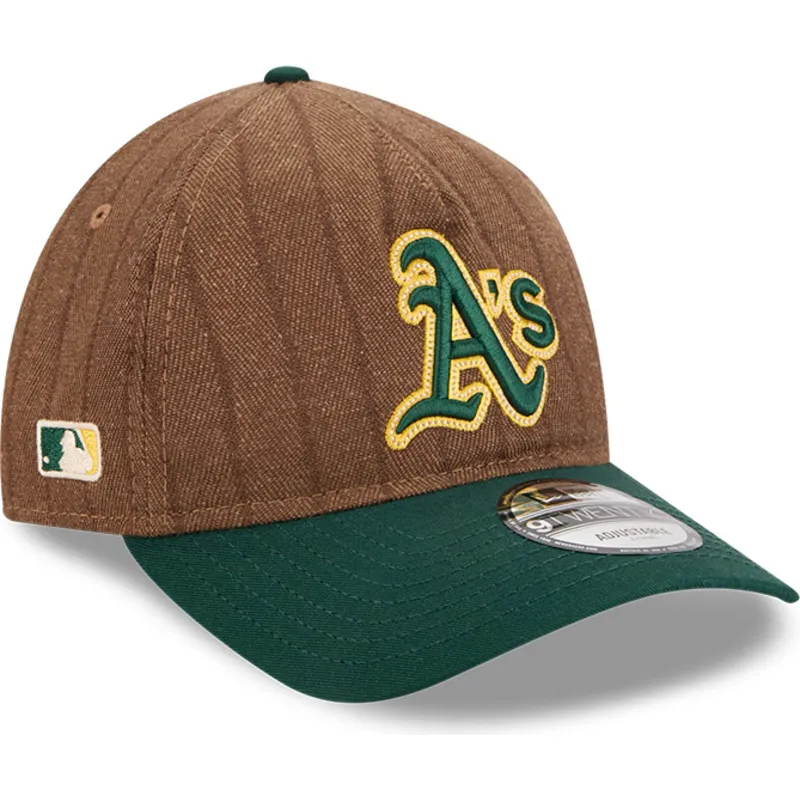 cappellino-curvo-marrone-e-verde-regolabile-9twenty-a-frame-wool-pinstripe-di-oakland-athletics-mlb-di-new-era