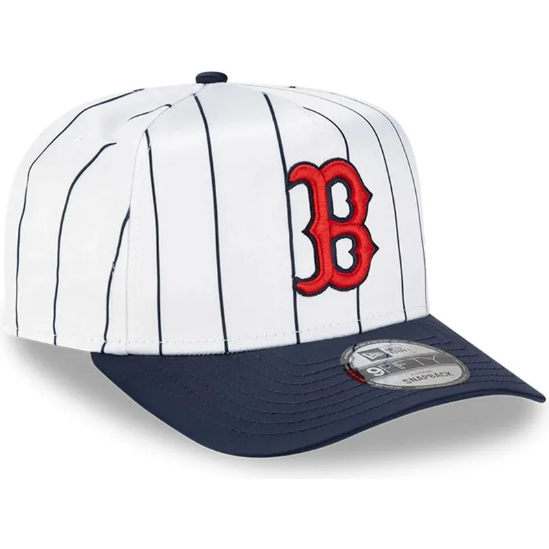 hvid-og-marinebla-buet-kasket-snapback-9fifty-a-frame-satin-pinstripe-fra-boston-red-sox-mlb-fra-new-era