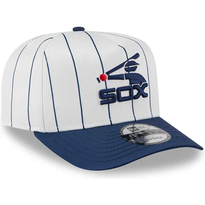 weisse-und-marineblaue-gebogene-snapback-kappe-9fifty-a-frame-satin-pinstripe-der-chicago-white-sox-mlb-von-new-era
