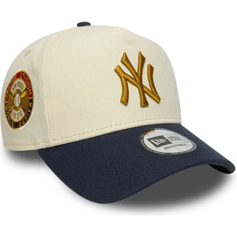 beige-und-marineblaue-gebogene-snapback-kappe-9forty-e-frame-world-series-patch-der-new-york-yankees-mlb-von-new-era