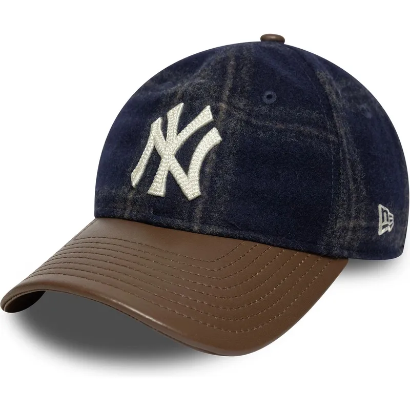 casquette-courbee-bleue-marine-et-marron-ajustable-9twenty-img-loden-leather-new-york-yankees-mlb-new-era