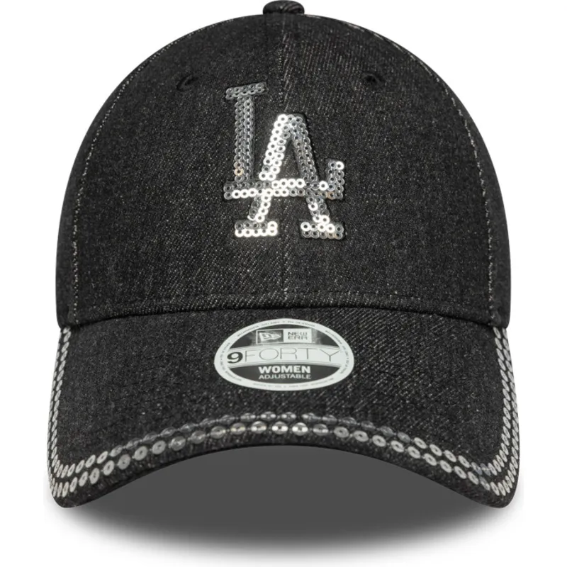 schwarze-verstellbare-curved-cap-fur-damen-9forty-sequin-denim-der-los-angeles-dodgers-mlb-von-new-era