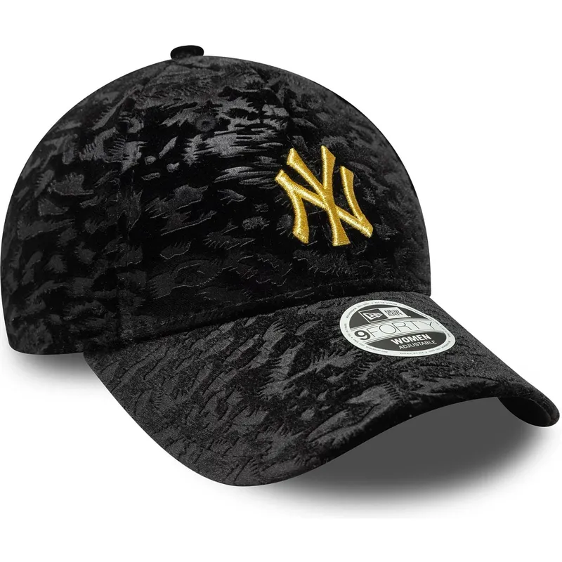 schwarze-verstellbare-curved-cap-fur-damen-mit-gelbem-logo-9forty-leo-velour-metallic-der-new-york-yankees-mlb-von-new-era
