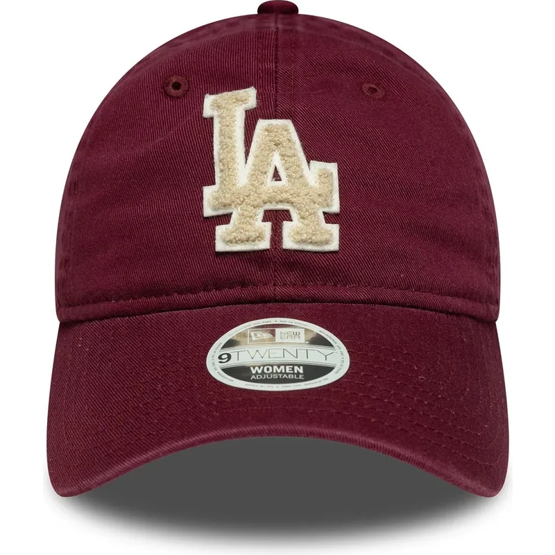 weinrote-verstellbare-curved-cap-fur-damen-mit-beigem-logo-9twenty-boucle-der-los-angeles-dodgers-mlb-von-new-era