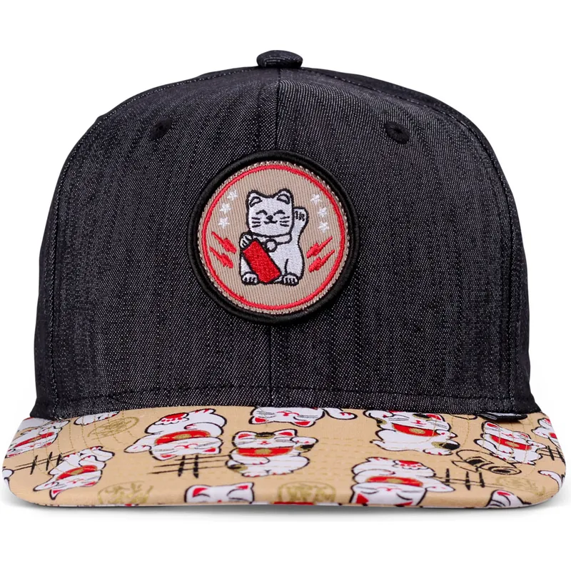 schwarze-und-mehrfarbige-flache-snapback-kappe-fur-jungen-lucky-cat-linen-rev-von-djinns