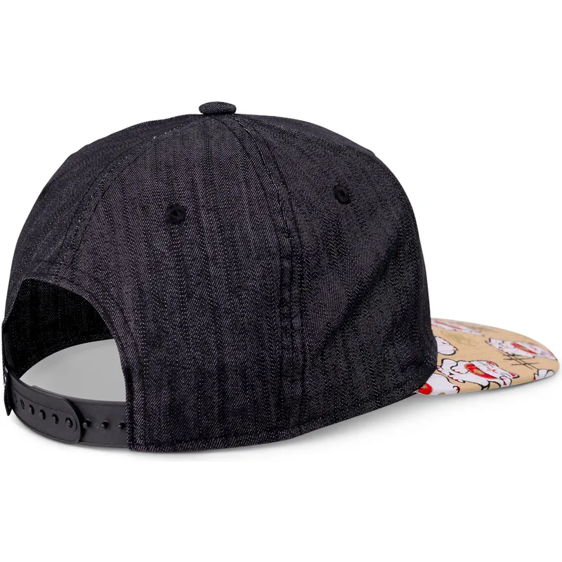 schwarze-und-mehrfarbige-flache-snapback-kappe-fur-jungen-lucky-cat-linen-rev-von-djinns
