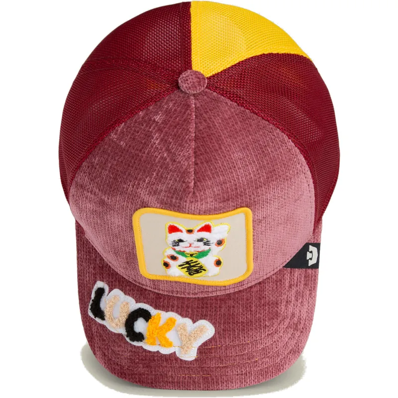 cappellino-trucker-rosso-gatto-lucky-maneki-neko-happy-thoughts-the-farm-di-goorin-bros