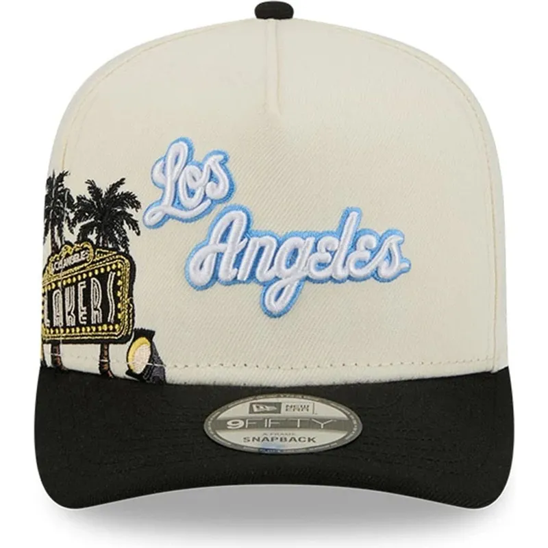 casquette-courbee-beige-et-noire-snapback-9fifty-a-frame-precurved-hardwood-classics-los-angeles-lakers-nba-new-era