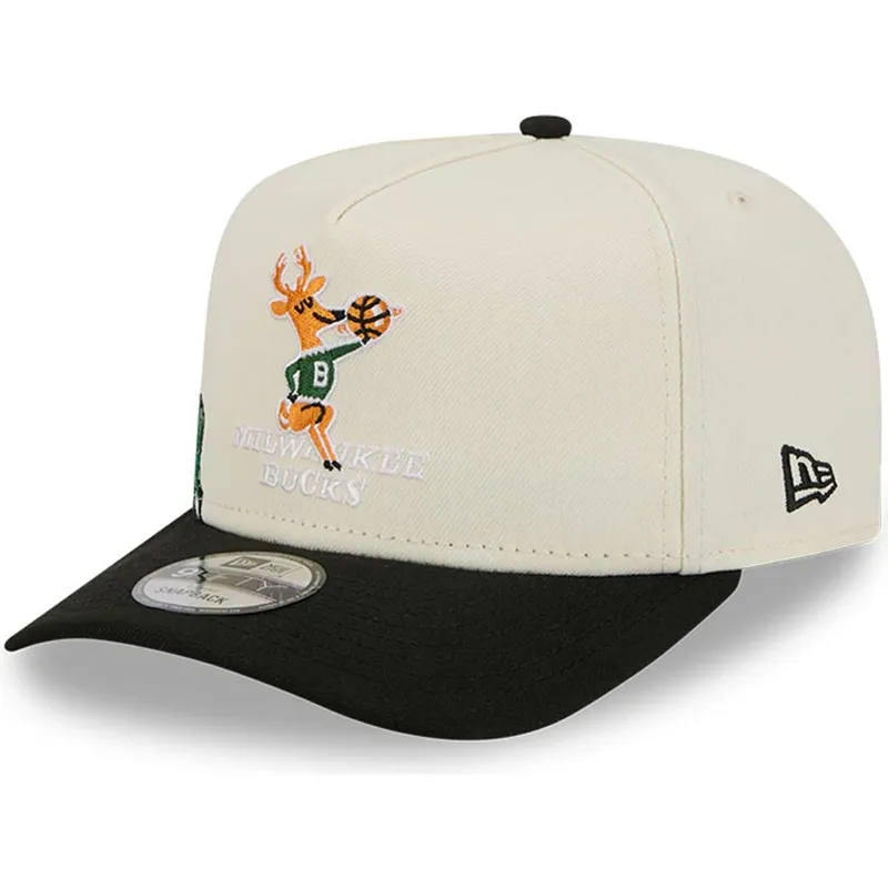 casquette-courbee-beige-et-noire-snapback-9fifty-a-frame-precurved-hardwood-classics-milwaukee-bucks-nba-new-era