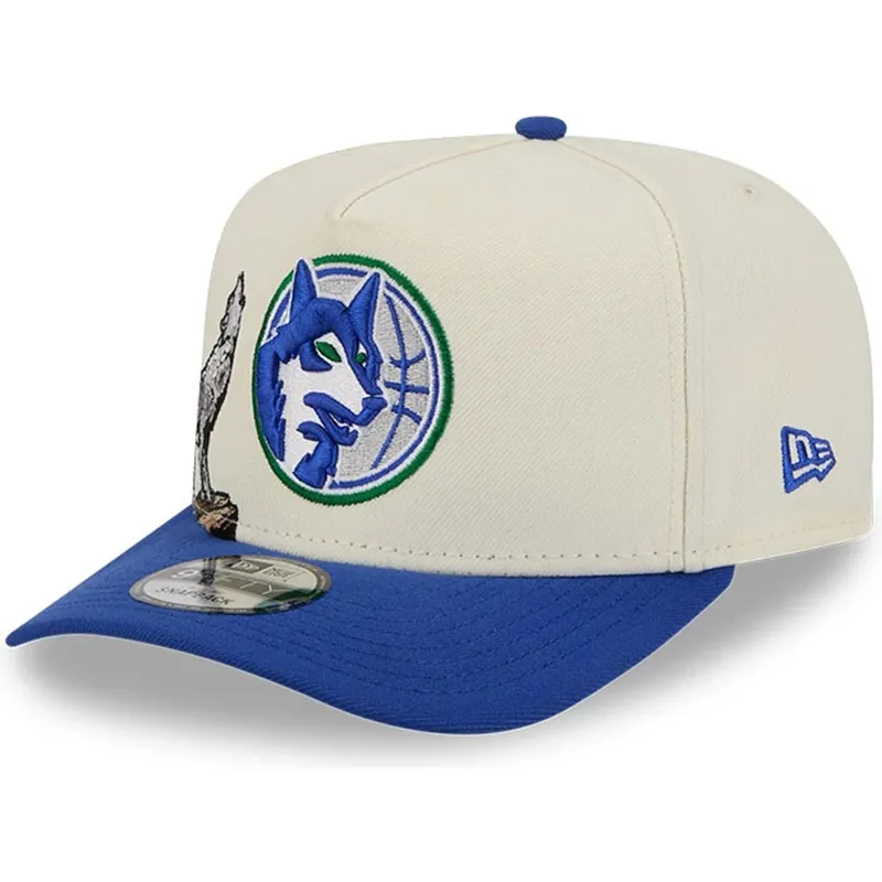 beige-und-blaue-snapback-kappe-9fifty-a-frame-precurved-hardwood-classics-der-minnesota-timberwolves-nba-von-new-era