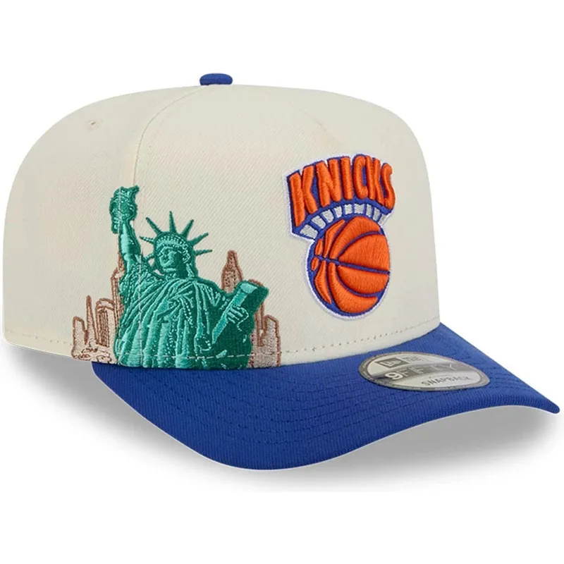 casquette-courbee-beige-et-bleue-snapback-9fifty-a-frame-precurved-hardwood-classics-new-york-knicks-nba-new-era