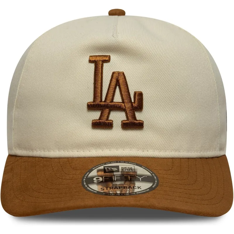 casquette-courbee-beige-et-marron-ajustable-9fifty-a-frame-suede-visor-los-angeles-dodgers-mlb-new-era