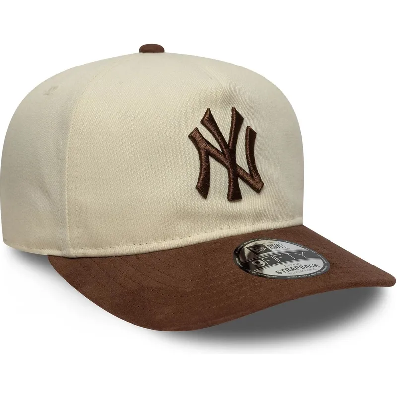 cappellino-curvo-beige-e-marrone-regolabile-9fifty-a-frame-suede-visor-di-new-york-yankees-mlb-di-new-era