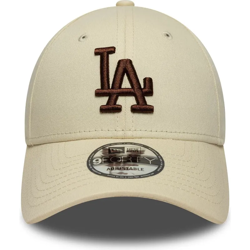 new-era-curved-brim-brown-logo-9forty-league-essential-los-angeles-dodgers-mlb-beige-adjustable-cap