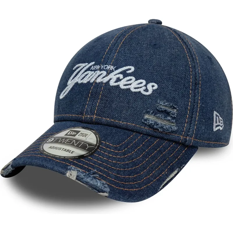 petten-gebogen-blauw-verstelbaar-9twenty-denim-distress-van-new-york-yankees-mlb-van-new-era