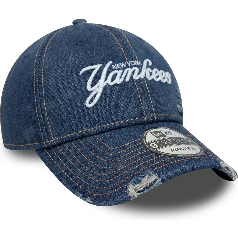 justerbar-bla-buet-kasket-9twenty-denim-distress-fra-new-york-yankees-mlb-fra-new-era