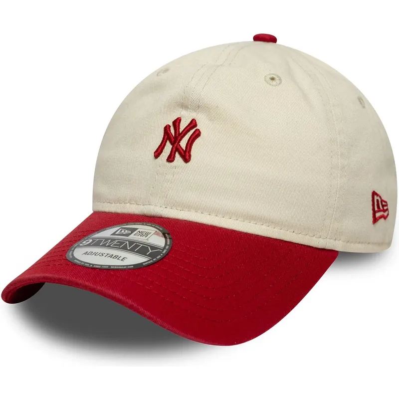 buet-beige-og-rod-justerbar-kasket-9twenty-mini-washed-fra-new-york-yankees-mlb-fra-new-era