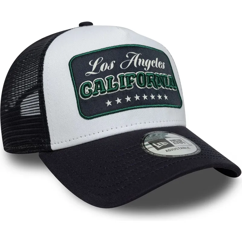 hvid-og-marinebla-trucker-kasket-a-frame-location-los-angeles-byer-og-strande-californien-fra-new-era