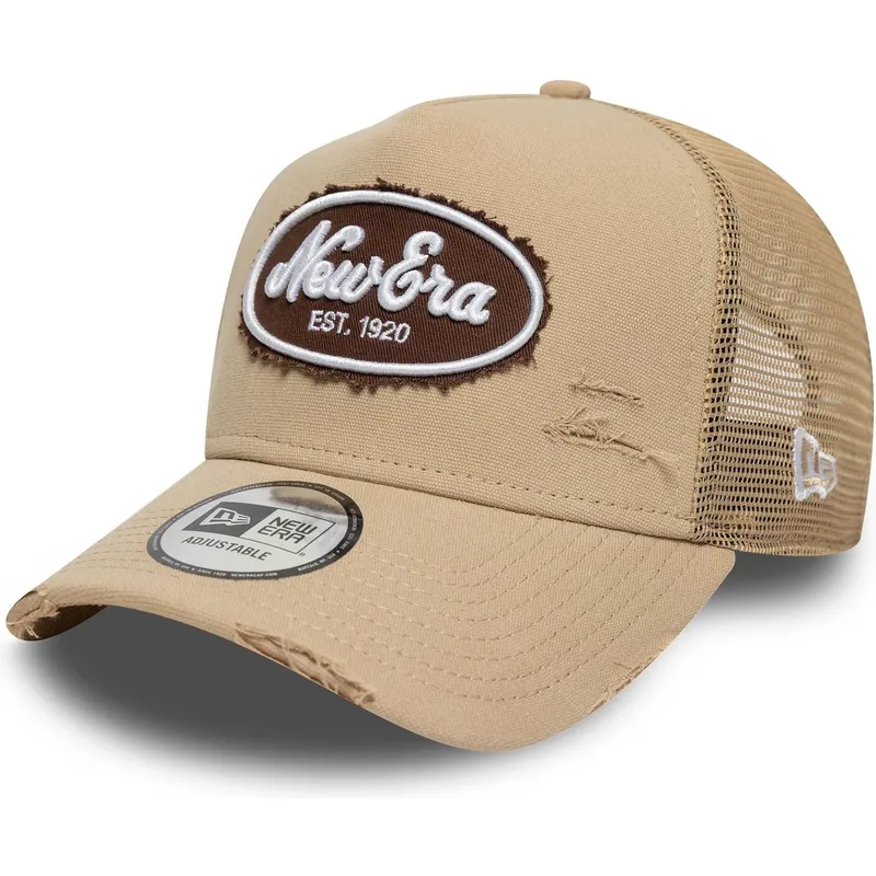 petten-gebogen-bruin-snapback-a-frame-oval-canvas-distress-van-new-era