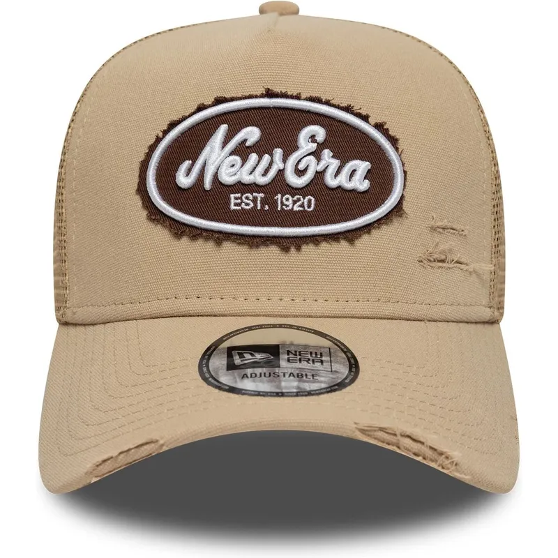 petten-gebogen-bruin-snapback-a-frame-oval-canvas-distress-van-new-era