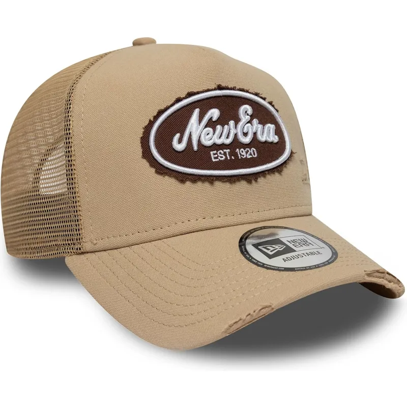 petten-gebogen-bruin-snapback-a-frame-oval-canvas-distress-van-new-era