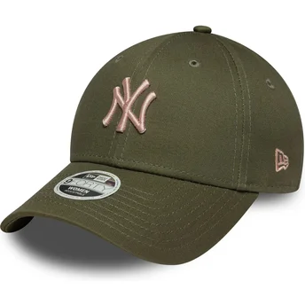 Grøn justerbar curved kasket med lyserødt logo til kvinder 9FORTY League Essential Midi fra New York Yankees MLB fra New Era