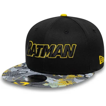 Petten plat zwart snapback voor kinderen 9FIFTY van Batman DC Comics van New Era