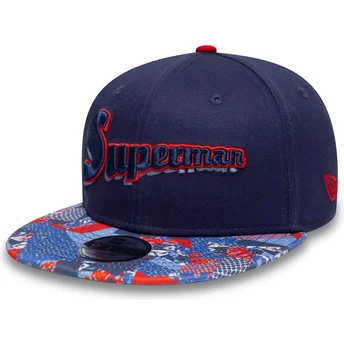 Petten plat marineblauw snapback voor kinderen 9FIFTY van Superman DC Comics van New Era