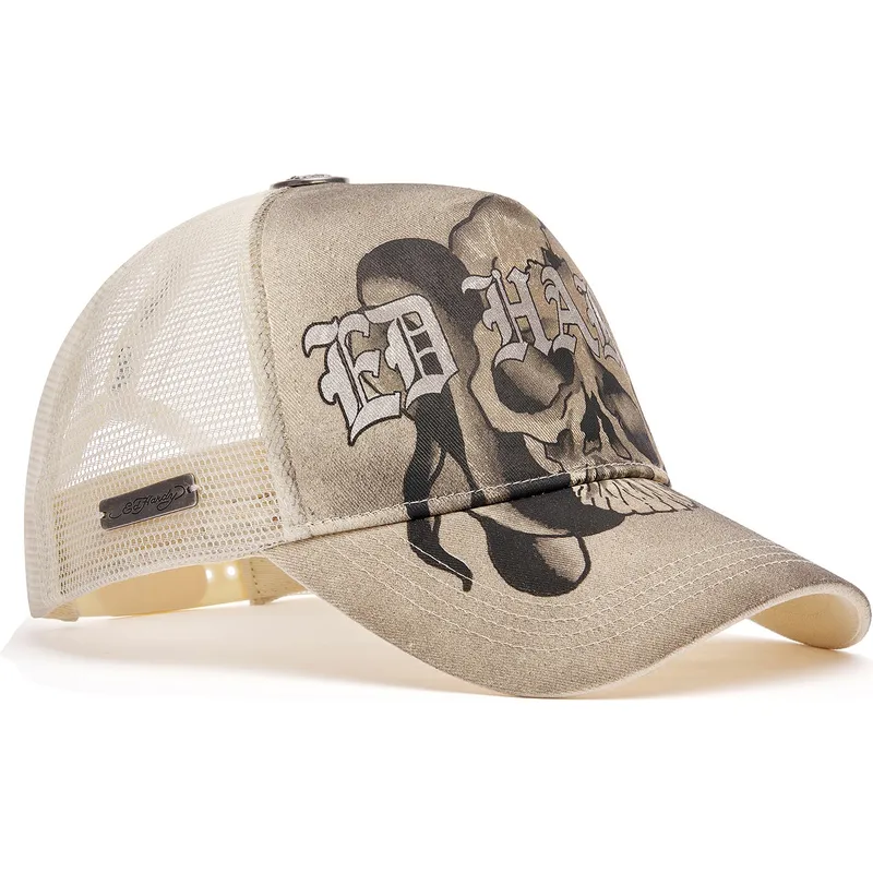 casquette-trucker-beige-gothic-skull-graphic-ed-hardy