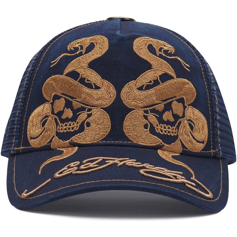 petten-gebogen-marineblauw-snapback-skull-and-snakes-graphic-van-ed-hardy