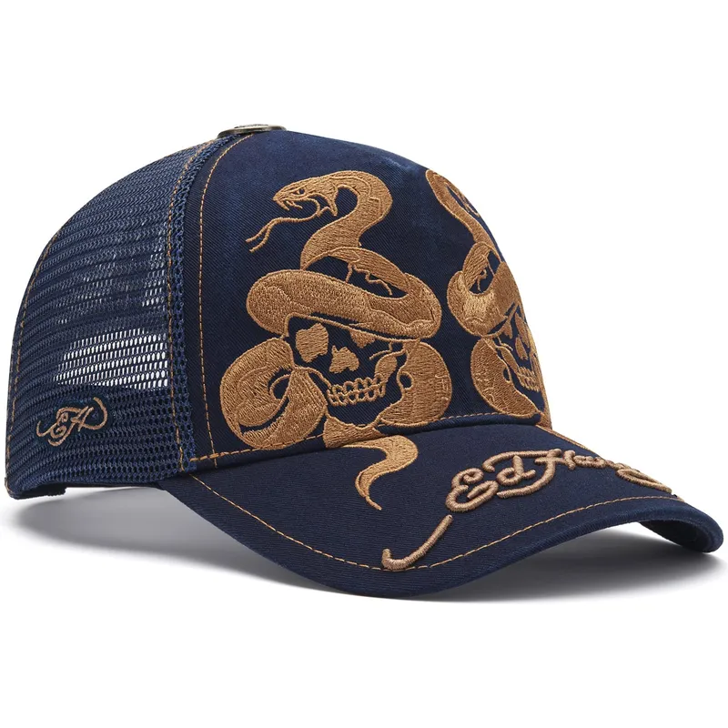 petten-gebogen-marineblauw-snapback-skull-and-snakes-graphic-van-ed-hardy
