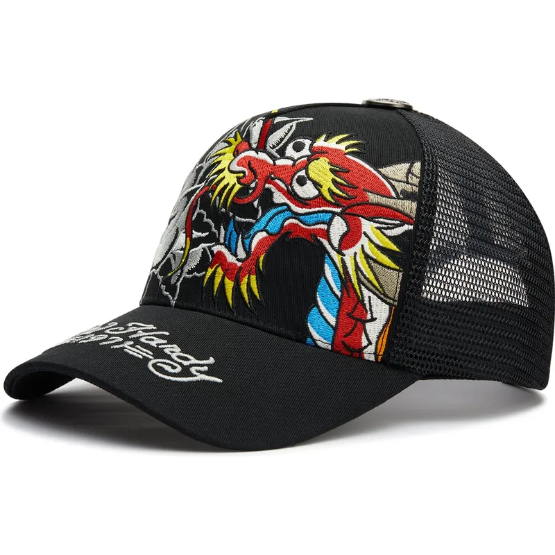 Ed Hardy Dragon And Roses Graphic Black Trucker Hat: Caphunters.com