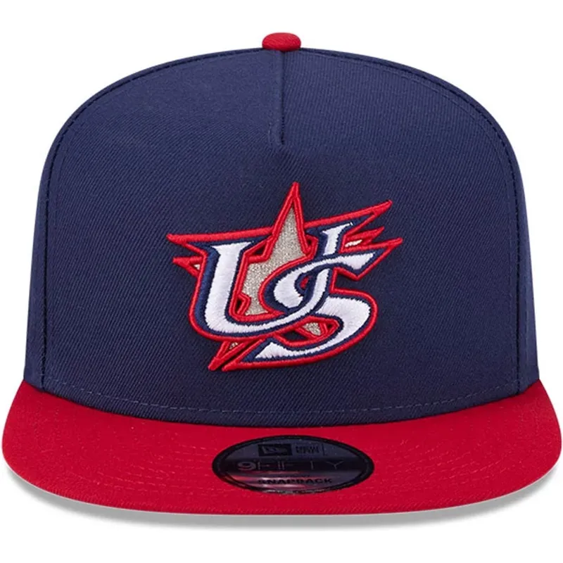 cappello-piatto-blu-marino-e-rosso-snapback-9fifty-a-frame-usa-2026-world-baseball-classic-di-new-era