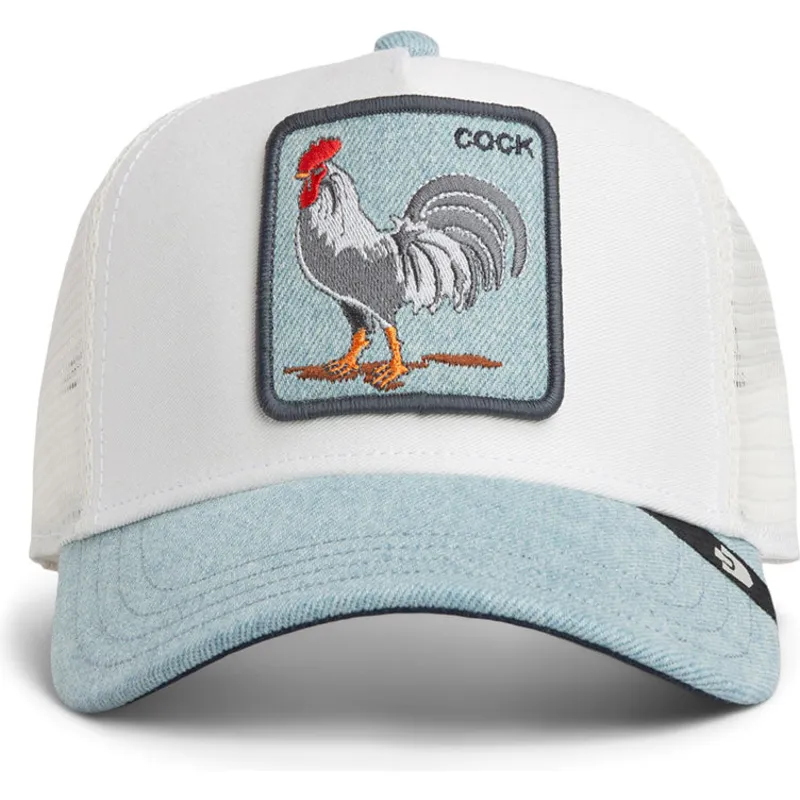 hvid-og-bla-trucker-kasket-med-hane-cock-denim-rooster-the-farm-fra-goorin-bros