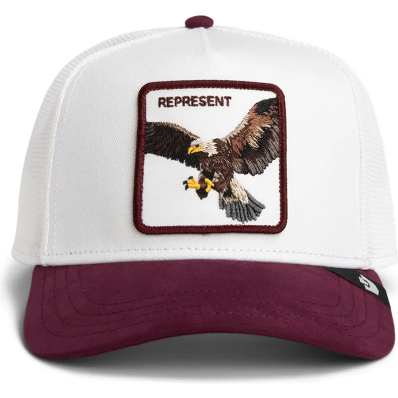 hvid-og-bordeaux-trucker-kasket-med-orn-represent-microsuede-eagle-the-farm-fra-goorin-bros