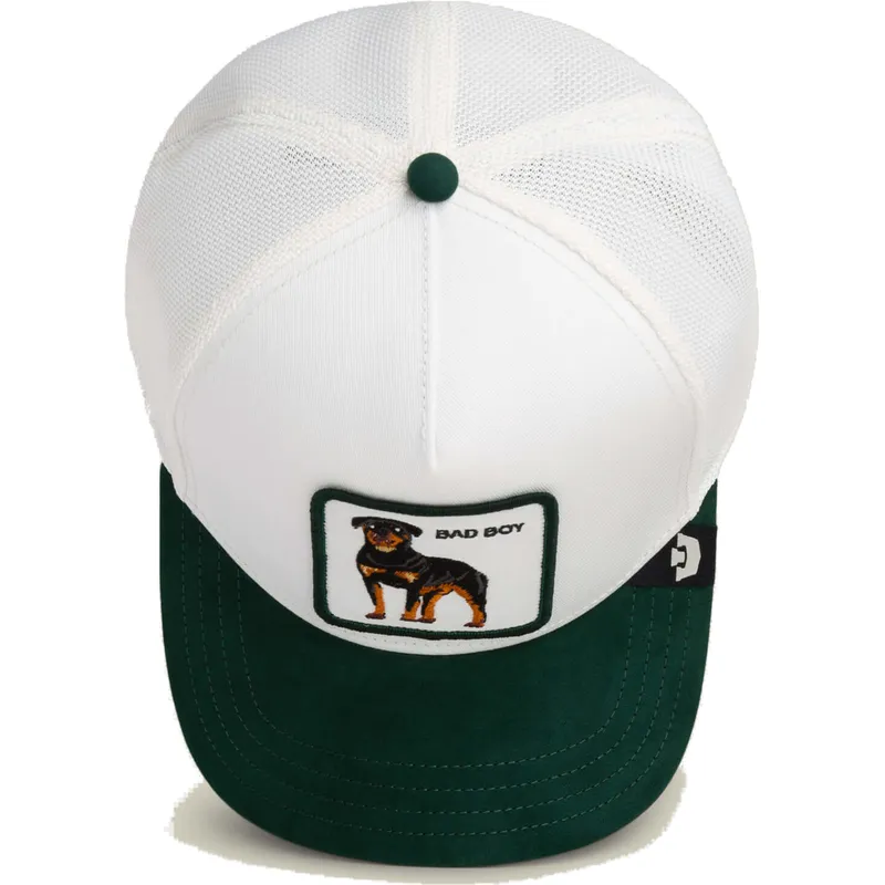 gorra-trucker-blanca-y-verde-perro-rottweiler-microsuede-bad-boy-the-farm-de-goorin-bros