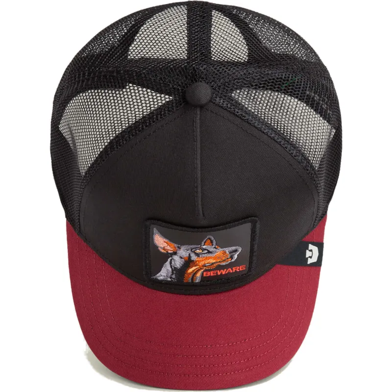 trucker-kasket-sort-og-rod-dobermann-hund-beware-the-farm-fra-goorin-bros
