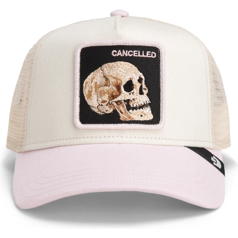 cappellino-trucker-beige-e-rosa-teschio-the-cancelled-skull-whisper-the-farm-di-goorin-bros