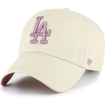 Beige verstellbare Curved Cap mit violettem Logo Clean Up Ballpark der Los Angeles Dodgers MLB von 47 Brand