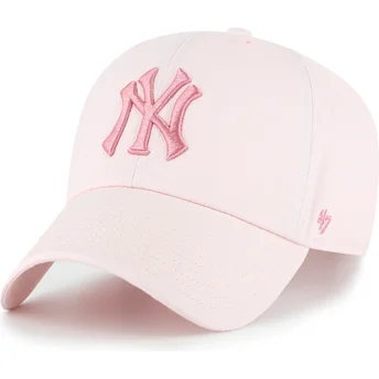47 Brand Curved Brim Pink Logo Clean Up No Loop Label New York Yankees MLB Pink Adjustable Cap