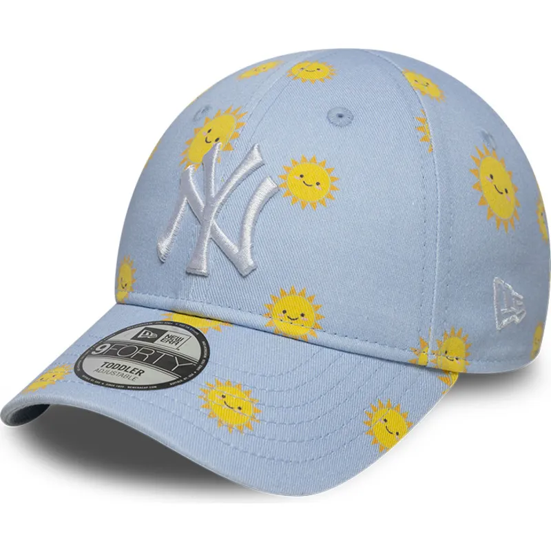 blaue-gebogene-verstellbare-kappe-fur-kinder-9forty-summer-all-over-print-der-new-york-yankees-mlb-von-new-era