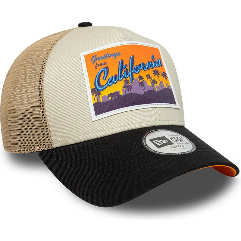 cappellino-trucker-beige-per-bambino-a-frame-location-patch-california-di-new-era