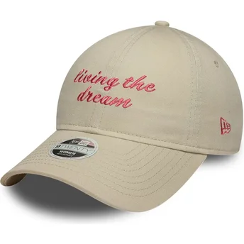 New Era Curved Brim Women 9TWENTY Living The Dream Slogan Beige Adjustable Cap