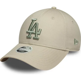 Beige verstellbare Curved Cap mit grünem Logo für Damen 9FORTY League Essential der Los Angeles Dodgers MLB von New Era