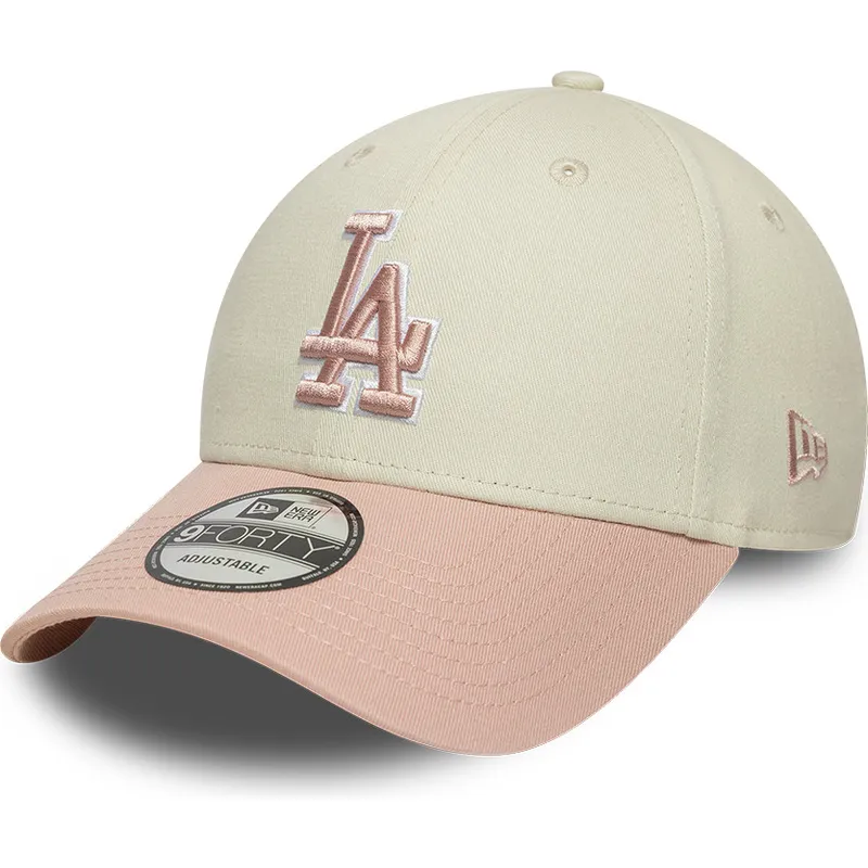 beige-und-rosa-verstellbare-curved-cap-mit-rosa-logo-9forty-world-series-patch-der-los-angeles-dodgers-mlb-von-new-era