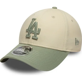 Beige und grüne gebogene Snapback-Kappe mit grünem Logo 9FORTY M-Crown Side Script der Los Angeles Dodgers MLB von New Era
