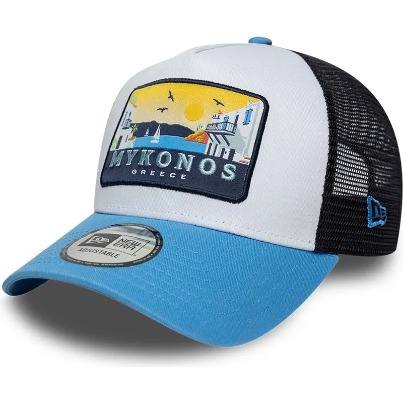 petten-gebogen-blauw-snapback-a-frame-location-patch-van-mykonos-van-new-era