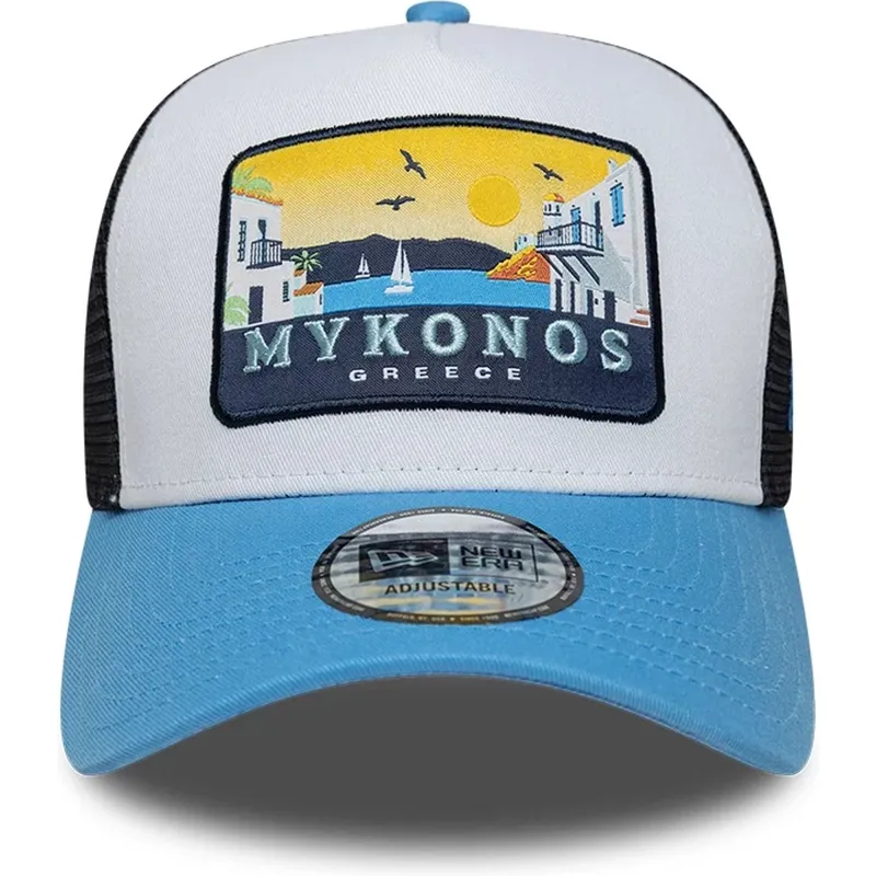 petten-gebogen-blauw-snapback-a-frame-location-patch-van-mykonos-van-new-era